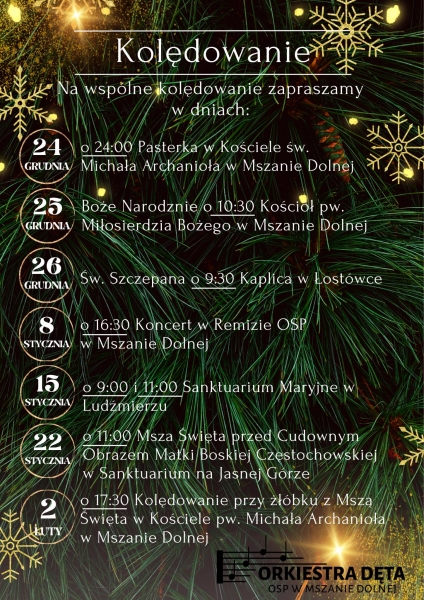 Orkiestra Dęta OSP Mszana Dolna zaprasza do wspólnego kolędowania w Mszanie Dolnej, Łostówce, Ludźmierzu i Częstochowie