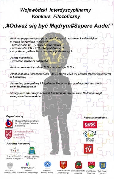 Organizatorzy zapraszają do udziału w Wojewódzkim Interdyscyplinarnym Konkursie Filozoficznym „#Odważ się być Mądrym#Sapere Aude!”