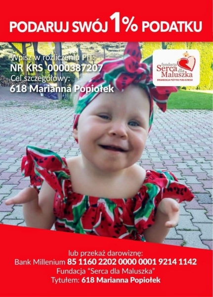 Otwórzmy serca dla Marianki Popiołek! Przekażmy 1% podatku na leczenie dziewczynki