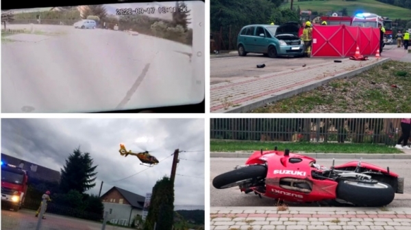 Mamy nagranie z monitoringu. Policja: Opel Meriva podczas włączania się do ruchu nie udzielił pierwszeństwa przejazdu kierującemu motocyklem