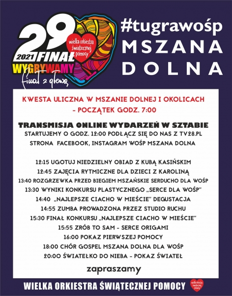 Zapraszamy na transmisję WOŚP ze sztabu w Mszanie Dolnej. Zobacz plan relacji