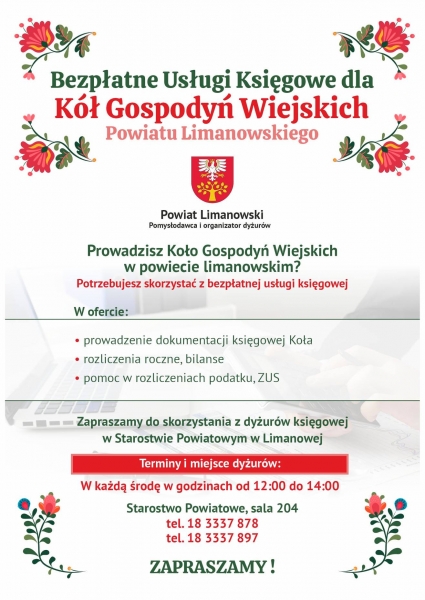 Koła gospodyń wiejskich z powiatu limanowskiego mogą skorzystać z bezpłatnych usług księgowych