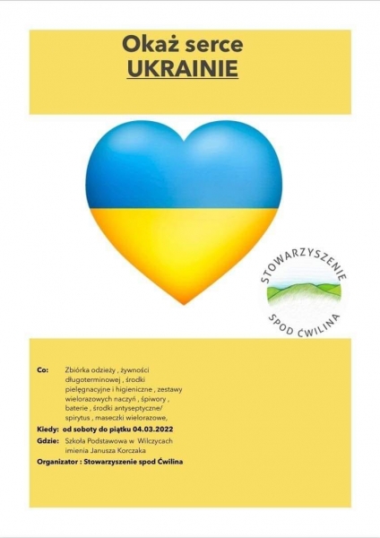 „Okaż serce Ukrainie” – Stowarzyszenie „Spod Ćwilina” organizuje zbiórkę żywności, odzieży, środków higieny i innych potrzebnych rzeczy