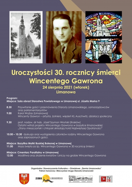 Zaproszenie na obchody 30. rocznicy śmierci Wincentego Gawrona