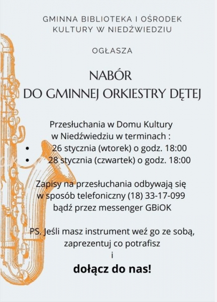 Nabór do Gminnej Orkiestry Dętej. Przesłuchania odbędą się 26 i 28 stycznia