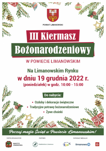 Przyjdź na limanowski rynek i poczuj wyjątkową świąteczną atmosferę. 19 grudnia odbędzie się III Kiermasz Bożonarodzeniowy w Powiecie Limanowskim