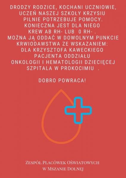 Szkoła ponawia apel o pomoc dla Krzysia Kaweckiego. Potrzebna jest krew