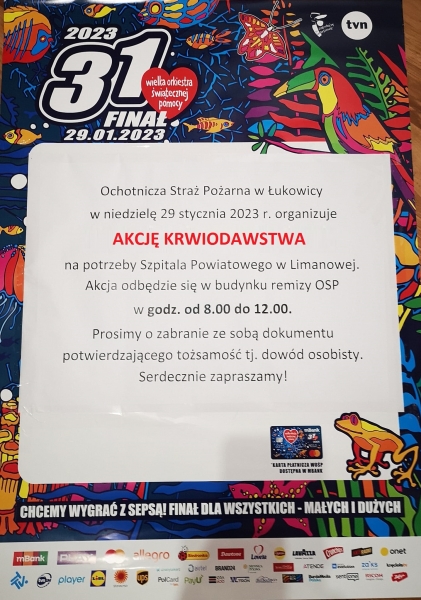 OSP Łukowica organizuje akcję krwiodawstwa w ramach finału WOŚP