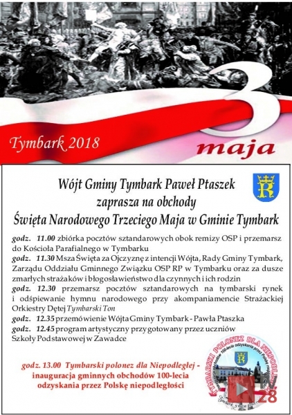 Paweł Ptaszek zaprasza do Tymbarku na uroczystość z okazji 3 Maja i 100-lecia odzyskania niepodległości