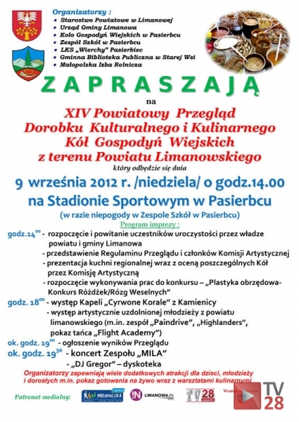 Organizatorzy zapraszają na XIV Powiatowy Przegląd Dorobku Kulturalnego i Kulinarnego KGW