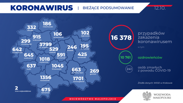 Raport dotyczący epidemii. 691 osób zakażonych koronawirusem w Małopolsce. W poniedziałek potwierdzono 19 zakażeń w powiecie