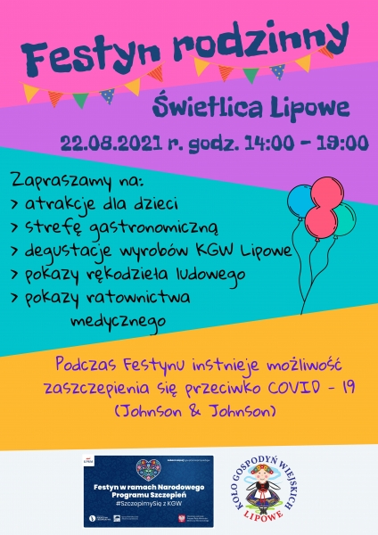KGW Lipowe zaprasza na festyn rodzinny. Będzie możliwość wsparcia Kasi Nowak i zaszczepienia się przeciw COVID-19