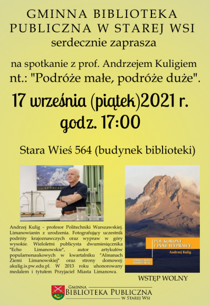 Prof. Andrzej Kulig będzie mówił o miłości do gór. Na spotkanie zaprasza Gminna Biblioteka Publiczna