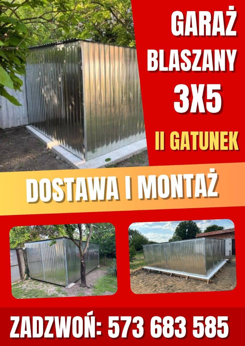 Garaż blaszany 3×5 II gatunek jednospadowy dostawa + montaż