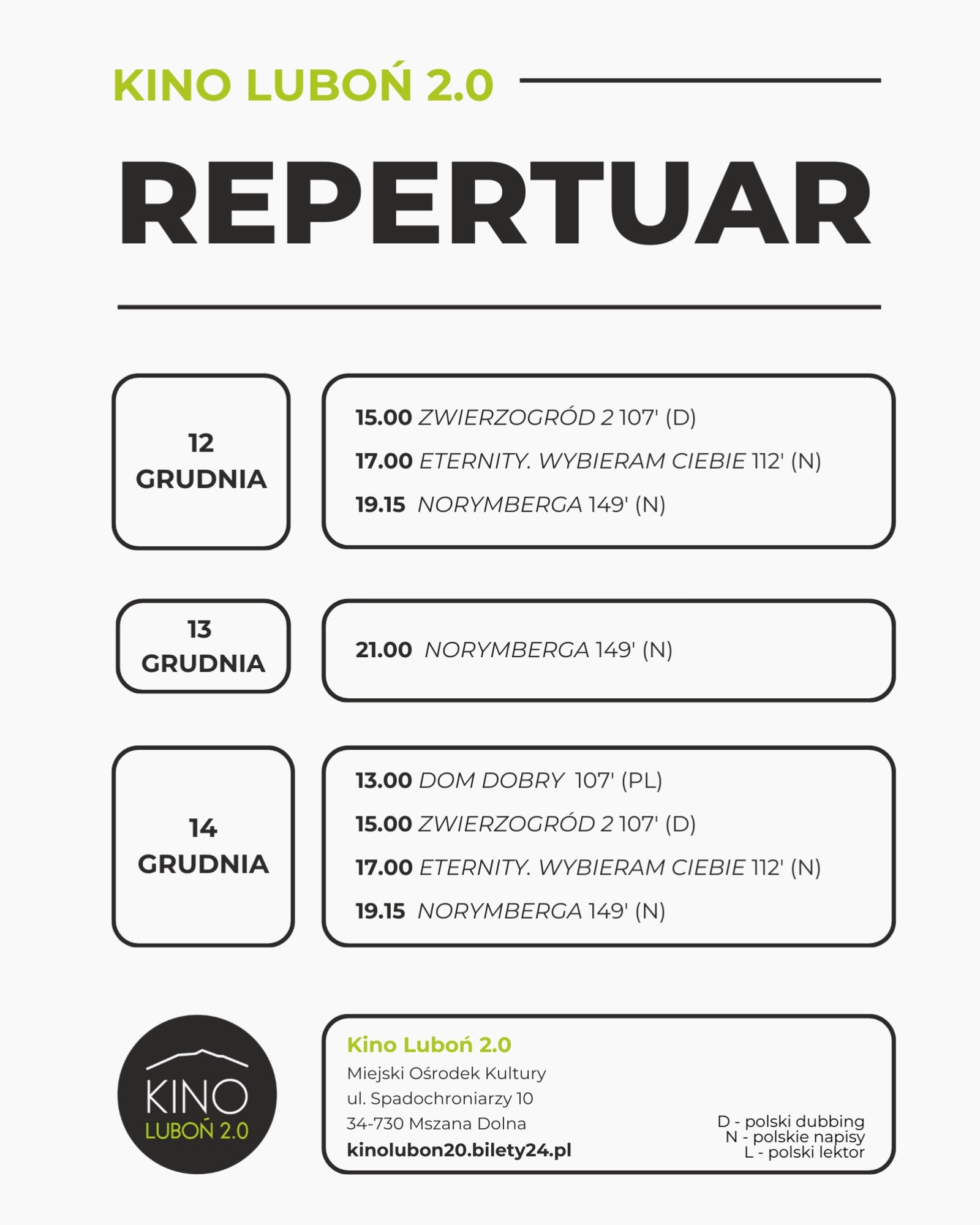 Repertuar kina w Mszanie Dolnej do 14 grudnia