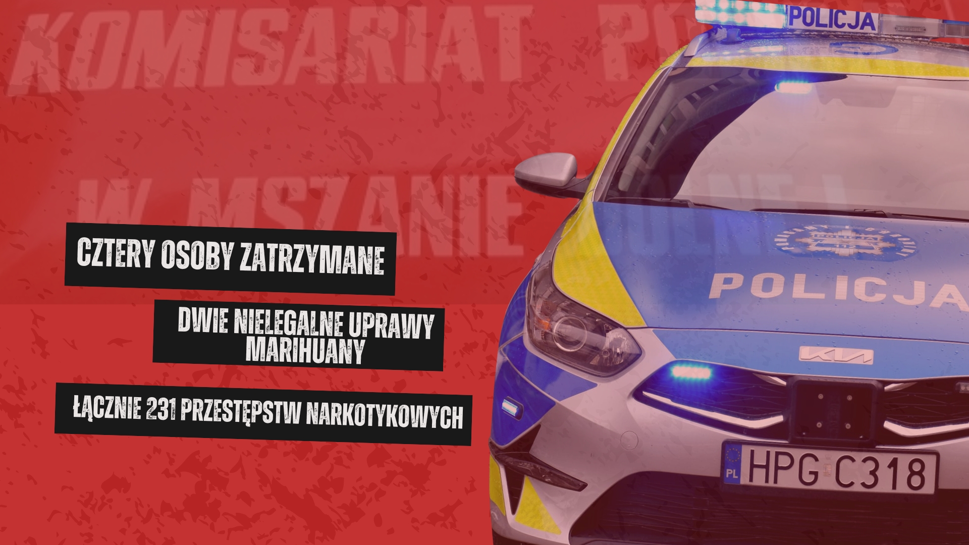 Narkotykowa akcja mszańskich policjantów: cztery osoby zatrzymane, nielegalne uprawy marihuany, mefedron, metamfetamina