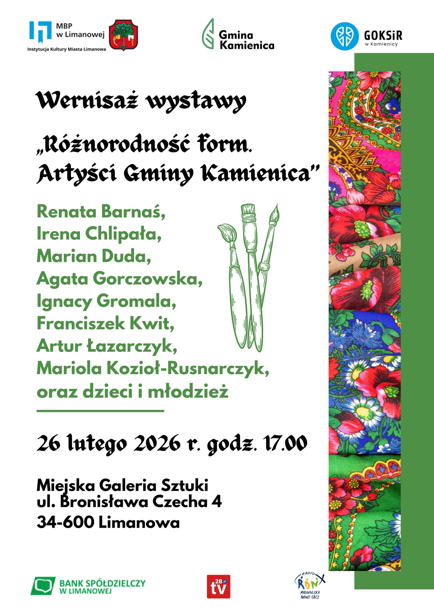 Zaproszenie na wernisaż wystawy „Różnorodność form. Artyści Gminy Kamienica”