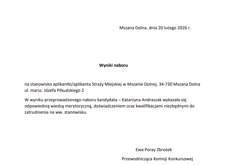 Zakończył się nabór na stanowisko aplikanta Straży Miejskiej w Mszanie Dolnej