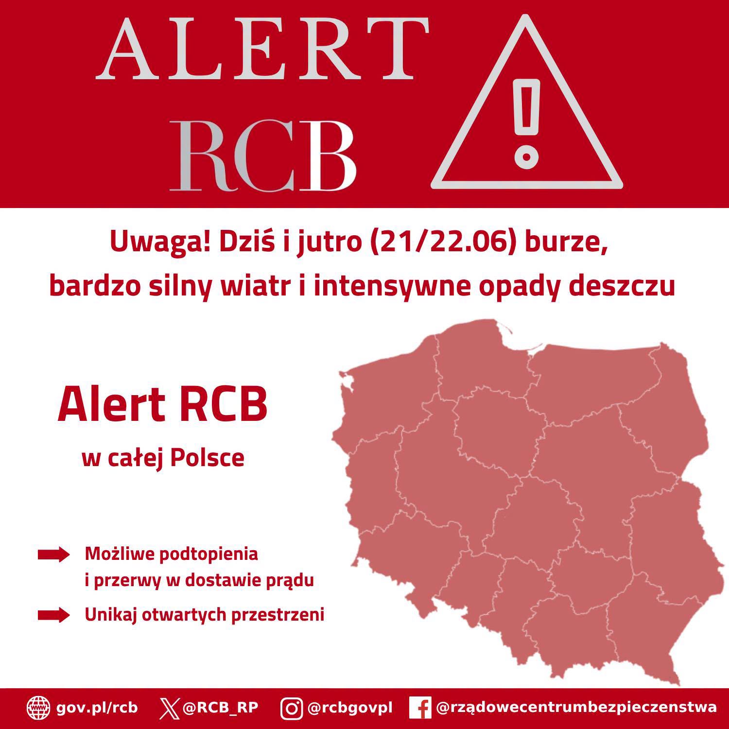 Ostrzeżenie. Alert RCB – deszcz, wiatr i burze