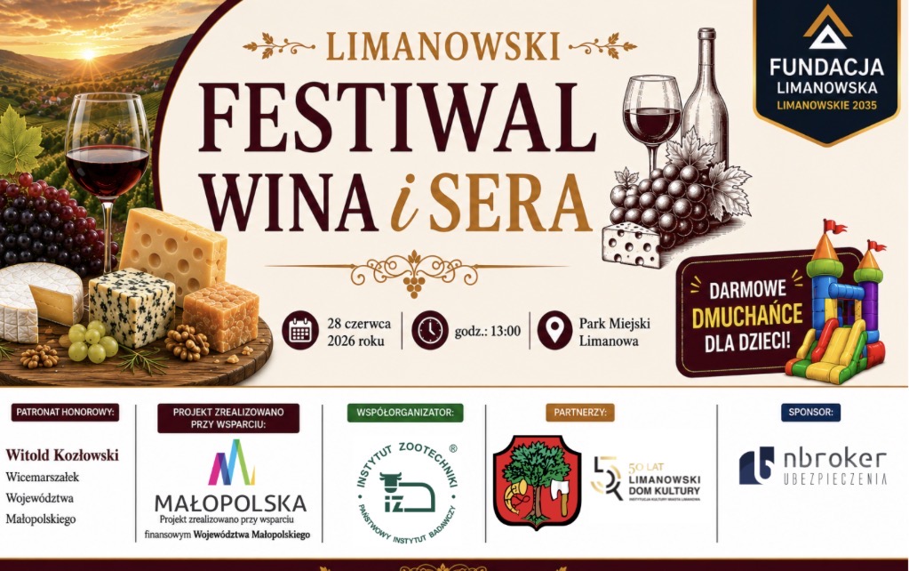 Zaproszenie na Limanowski Festiwal Wina i Sera do Parku Miejskiego w Limanowej