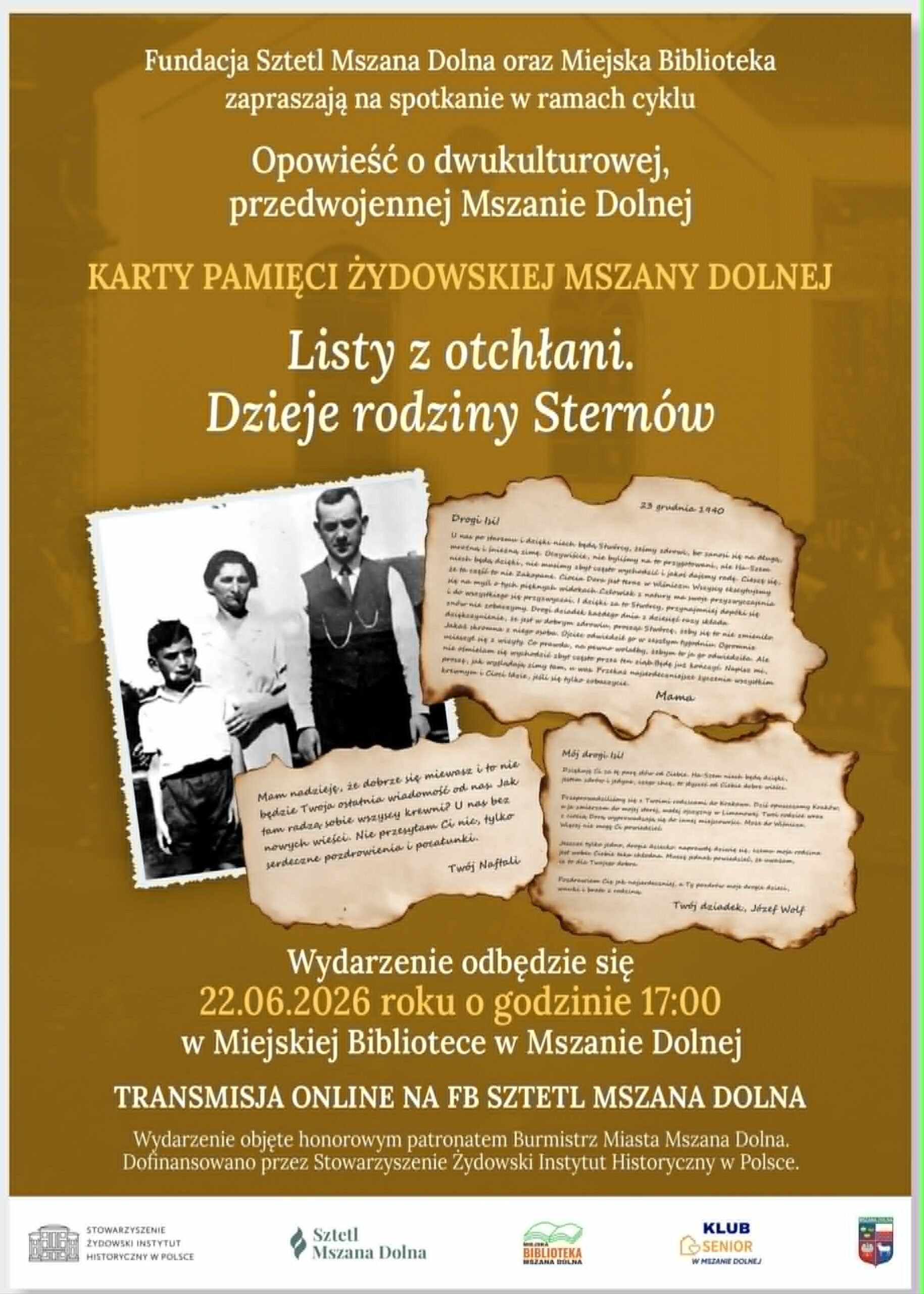 „Listy z otchłani. Dzieje rodziny Sternów”. Fundacja Sztetl Mszana Dolna zaprasza na spotkanie