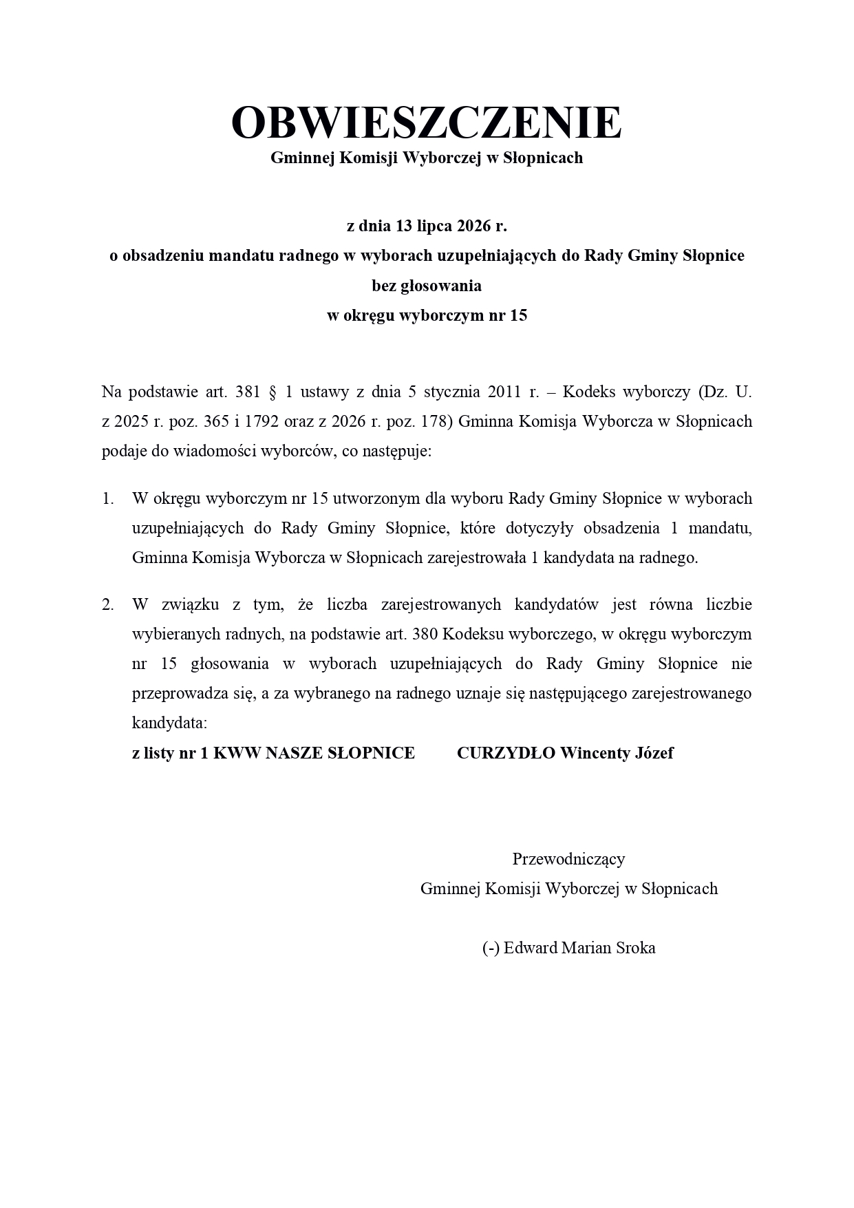Wincenty Curzydło radnym gminy Słopnice