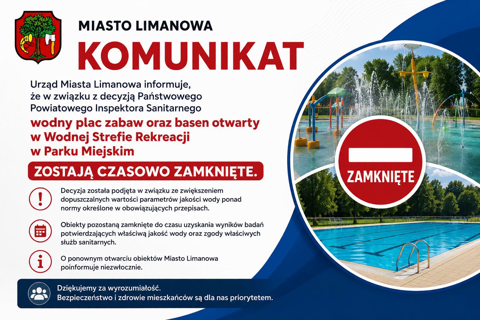 Czasowe zamknięcie wodnego placu zabaw i basenu zewnętrznego w Limanowej