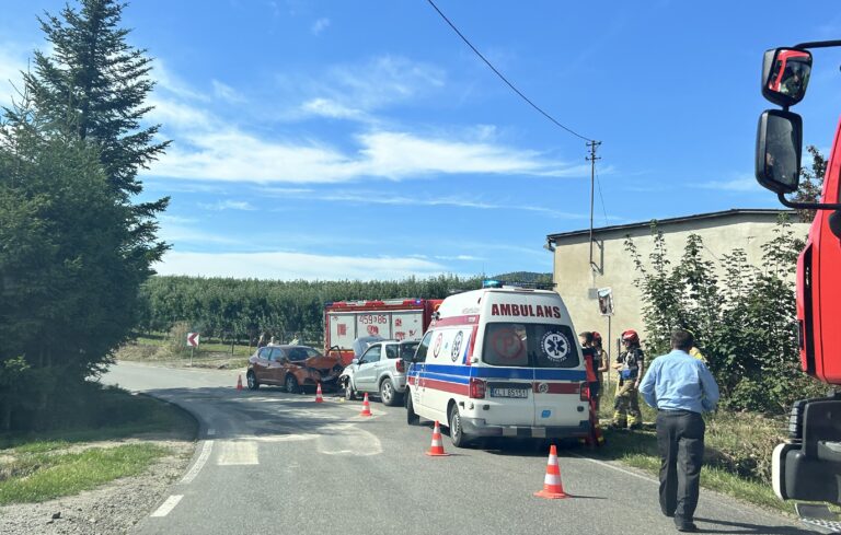 Góra Św. Jana. Czołowe zderzenie dwóch samochodów, są poszkodowani