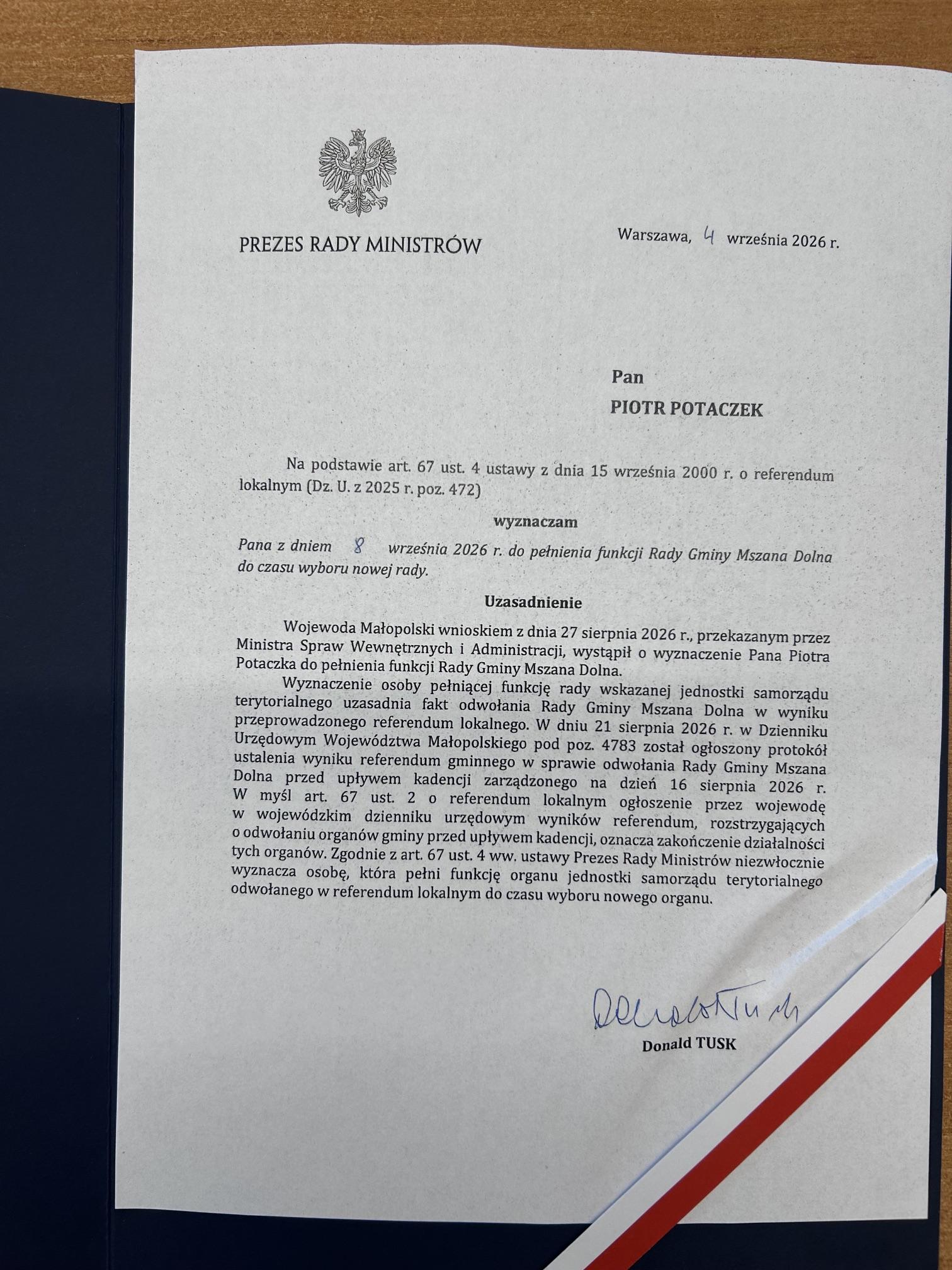 Piotr Potaczek z nominacją. Będzie podejmował decyzje w imieniu Rady Gminy Mszana Dolna